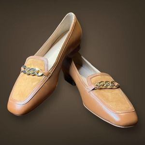 Talbots Women’s Tan Leather Gold Chain Loafers - Size 7.5